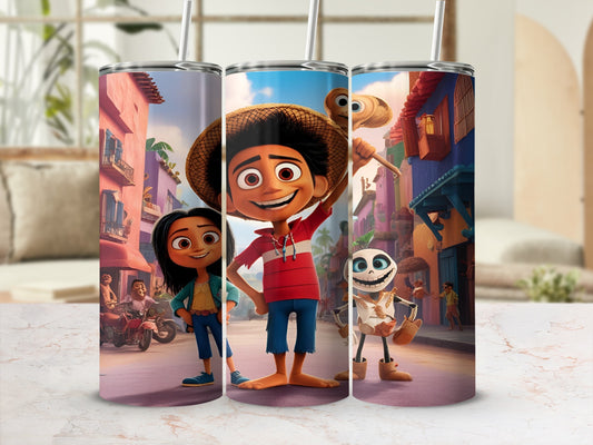 Three characters from a colorful animated film stand on a cobblestone street.