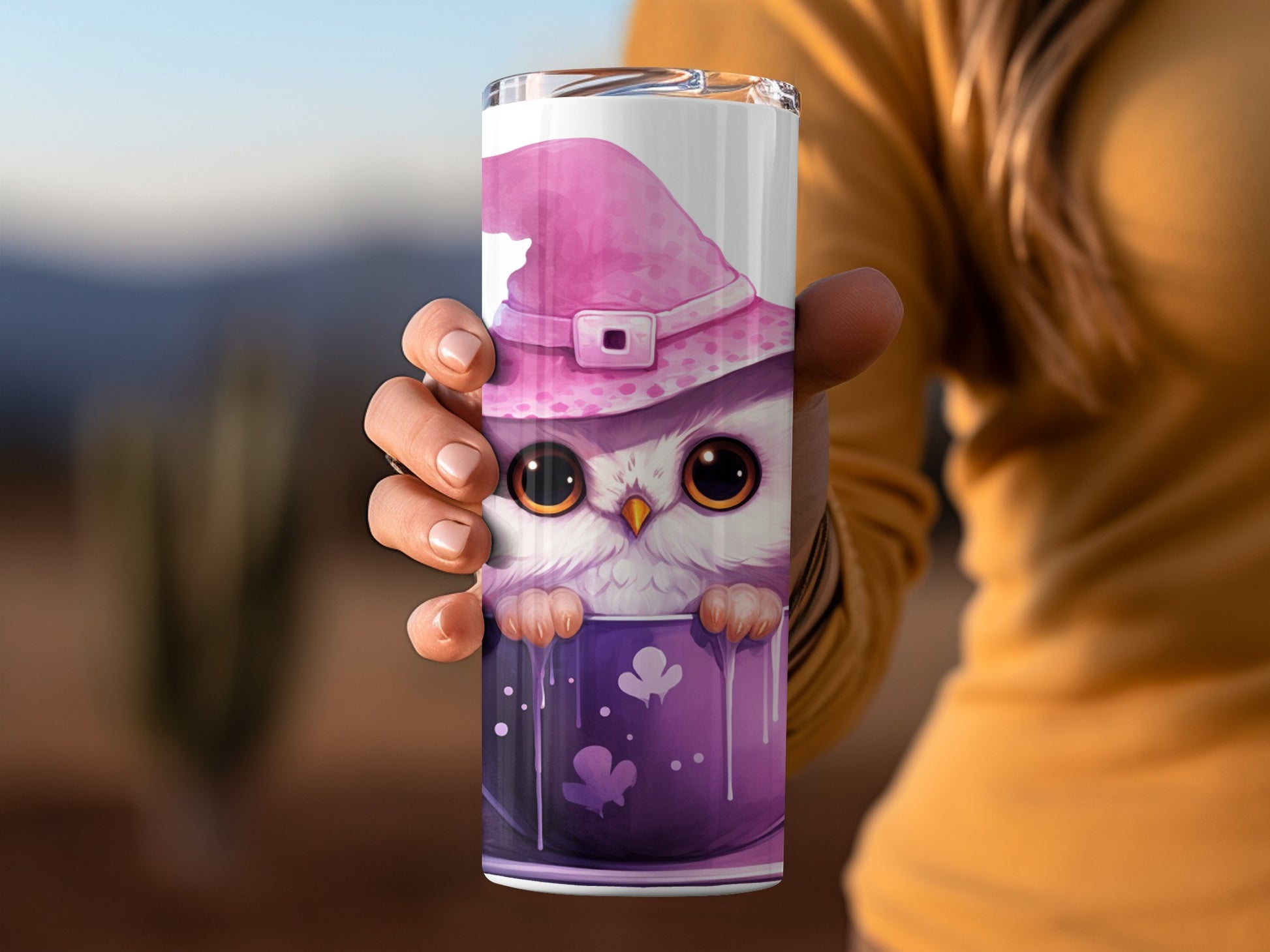Cute Owl Mug with Pink Hat and Purple Cup Design
