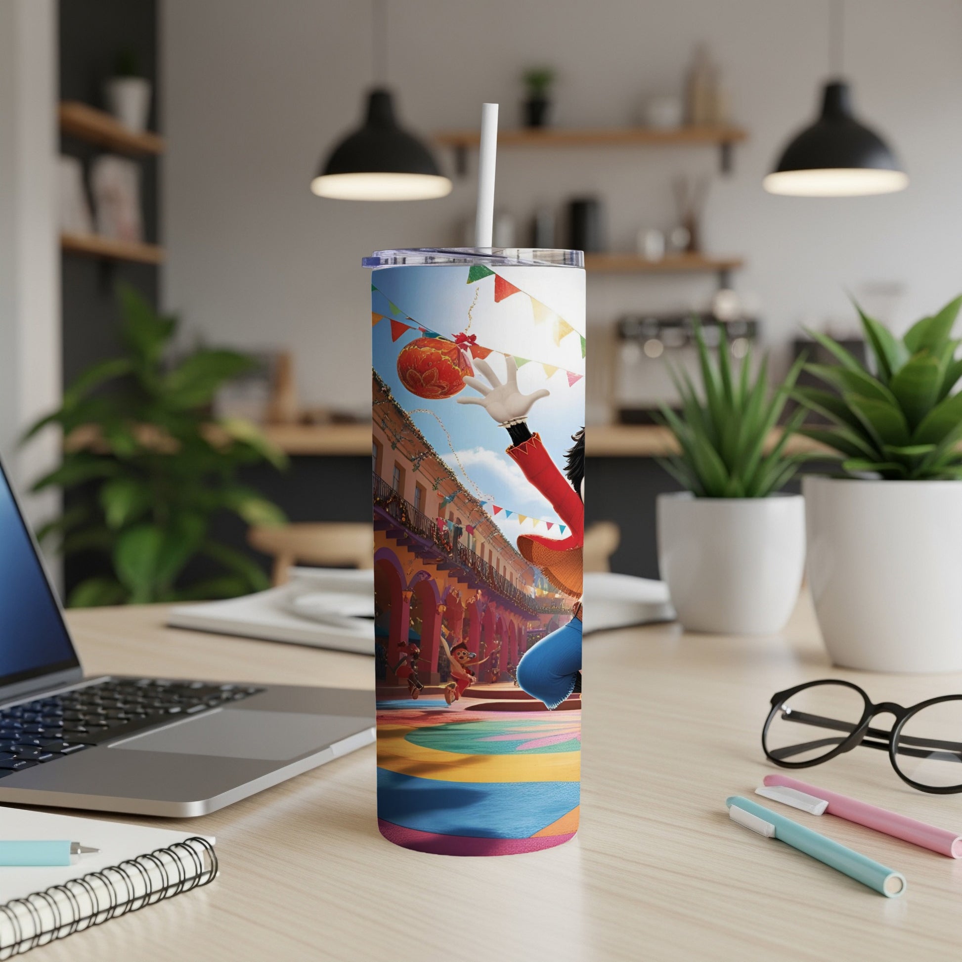 Tumbler with colorful illustration of a character playing with a basketball.