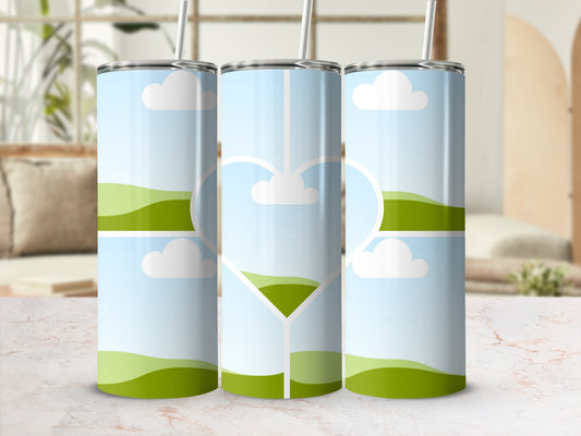 Three tumblers featuring a landscape design with clouds and a heart outline.