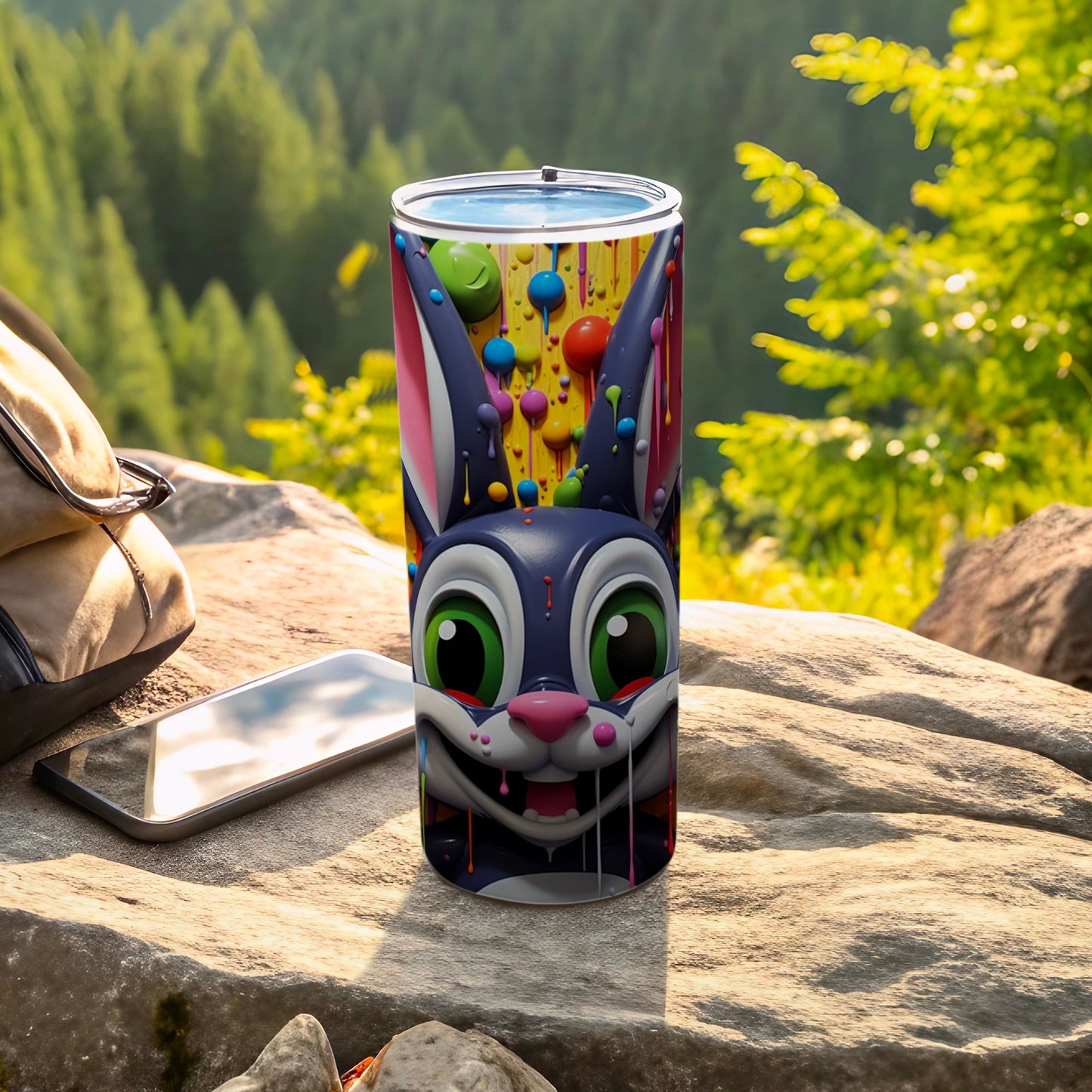 Vibrant Cartoon Bunny with Colorful Bubbles Tumbler