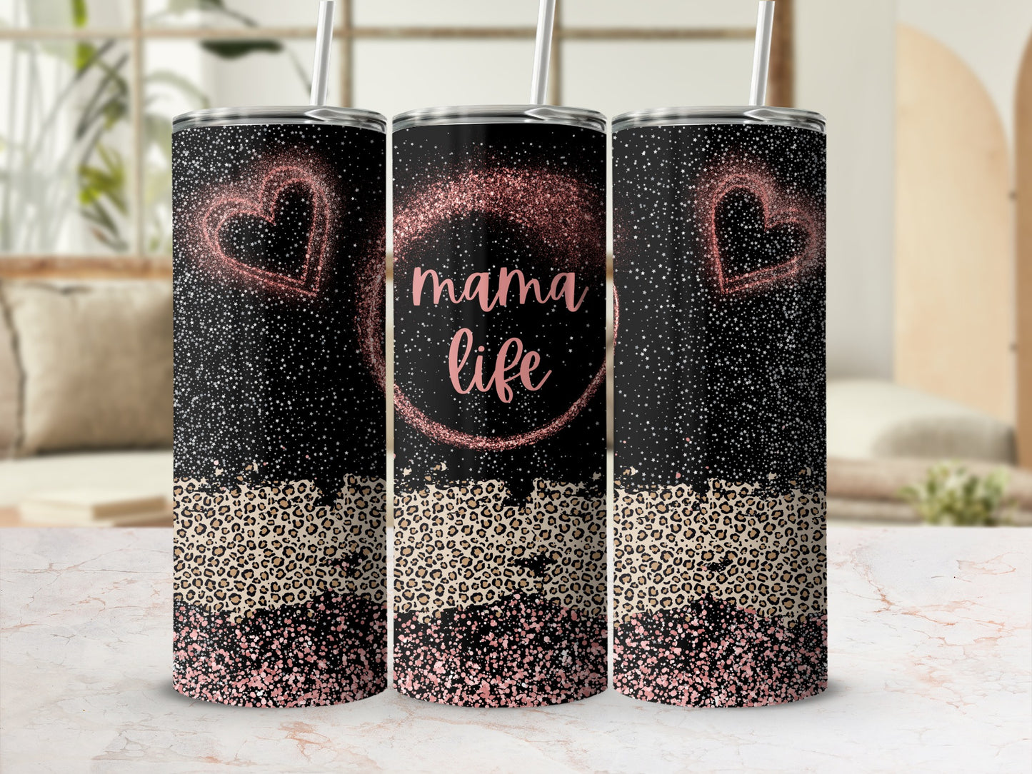 Mama Life Leopard Glitter Heart Tumbler Cup