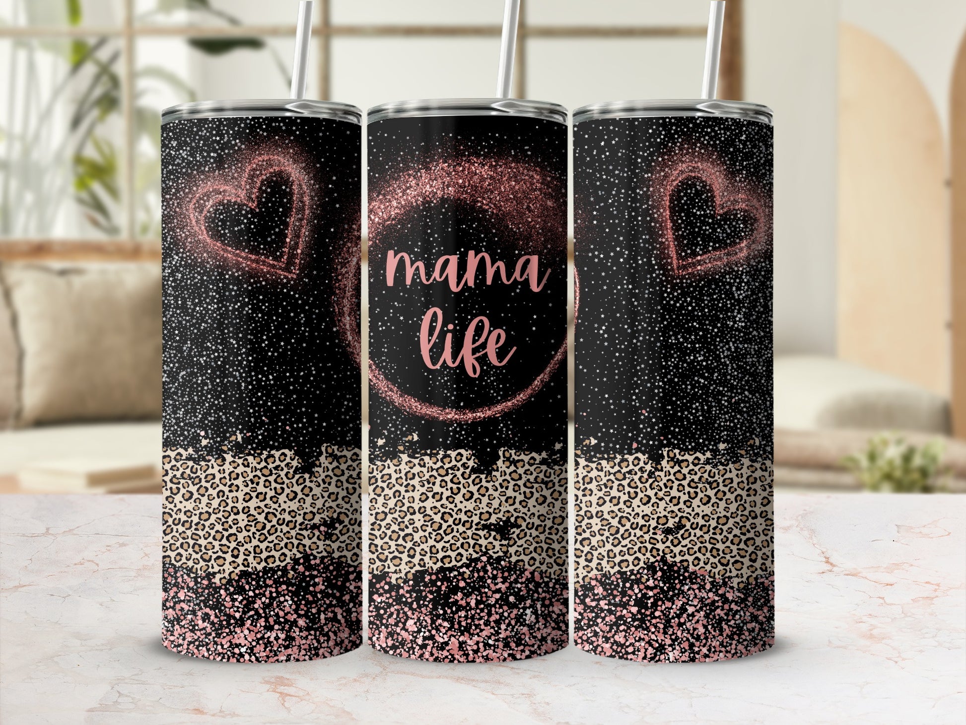 Mama Life Leopard Glitter Heart Tumbler Cup