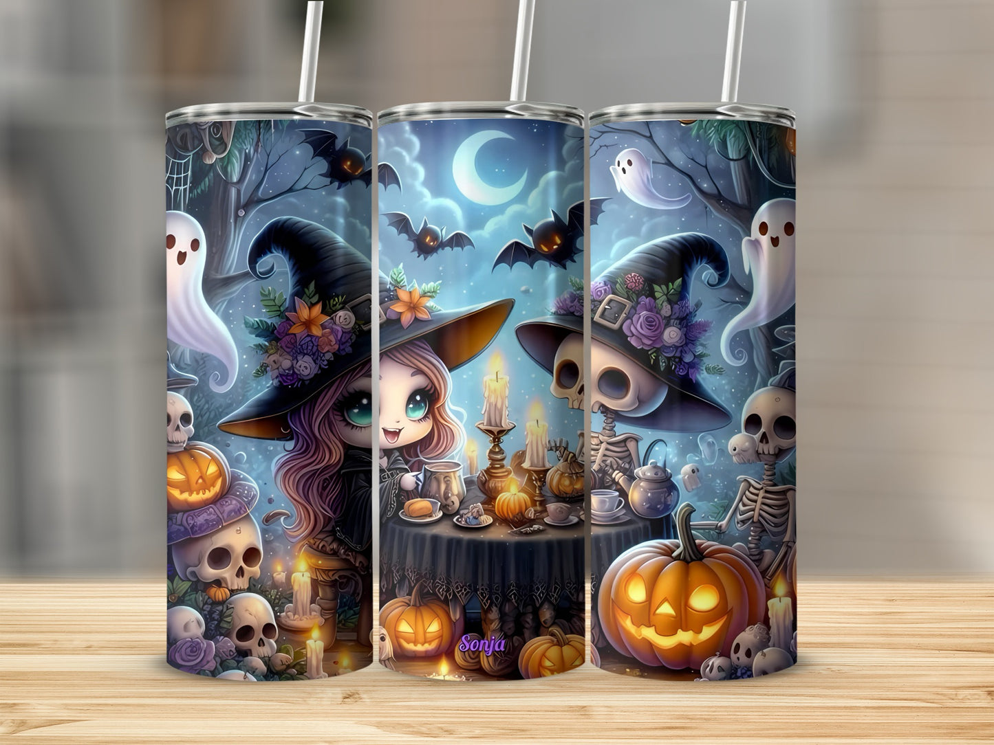 Three tumblers with Halloween scene: witches, skeletons, ghosts, bats, pumpkins, and skulls.