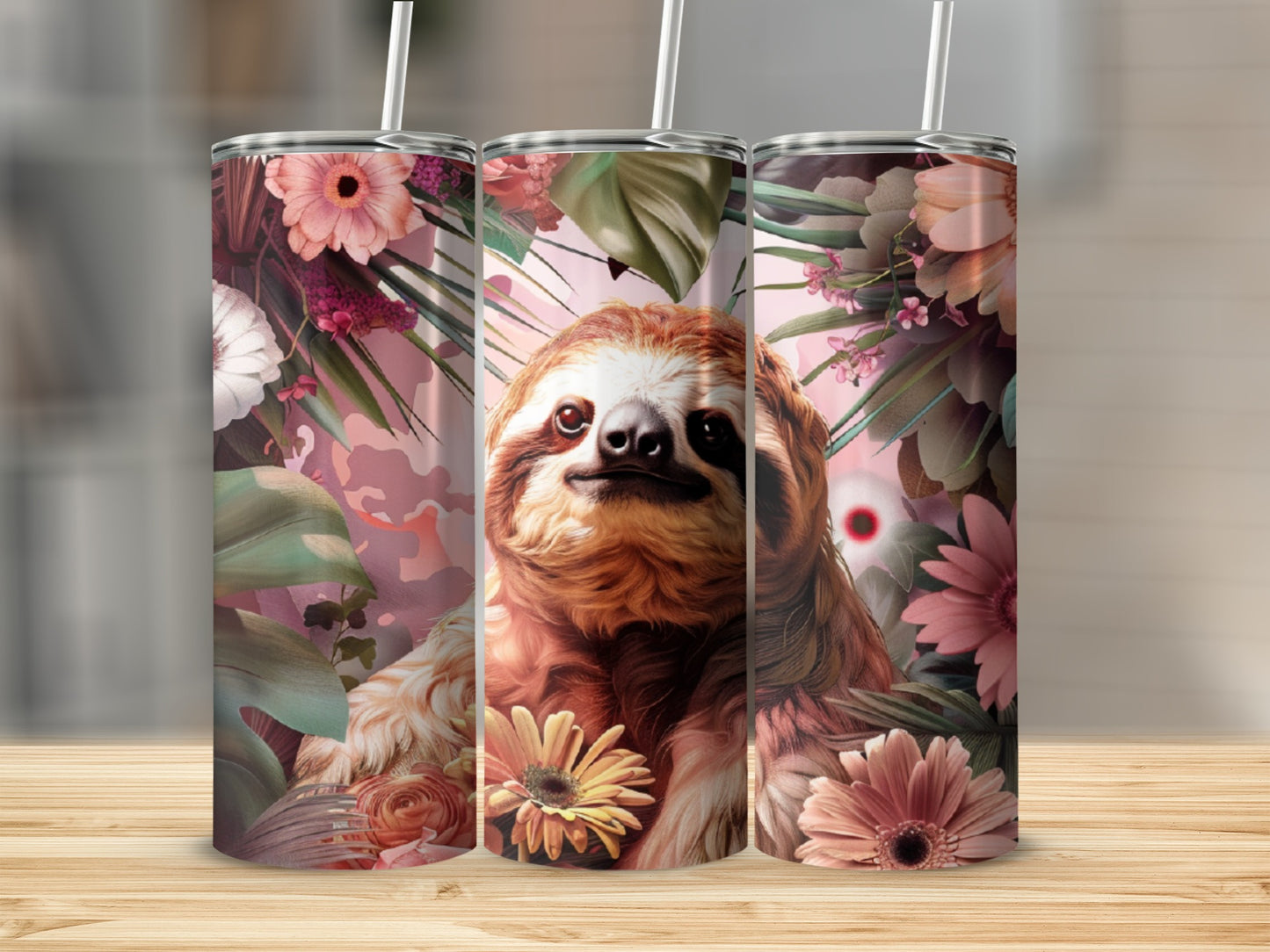 Sloth illustration on a floral patterned skinny tumbler with a straw.