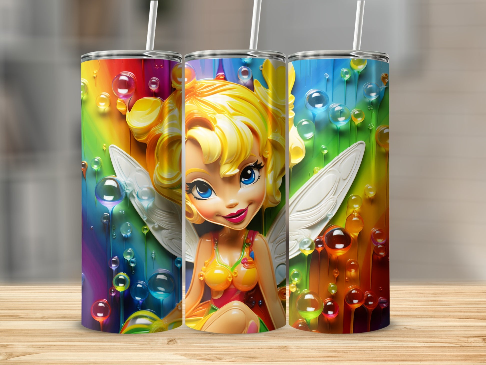 Colorful Fairy Character with Rainbow Bubbles Tumbler