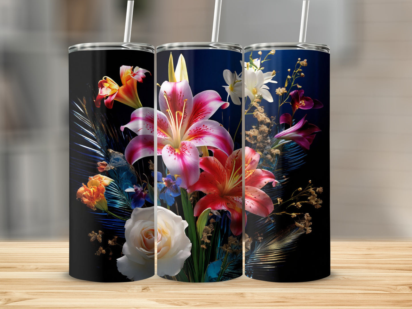 Three tumblers with colorful floral bouquets and dark backgrounds.