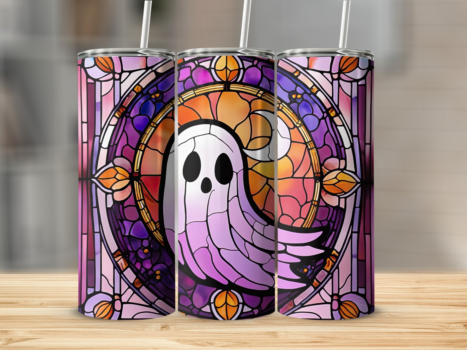 Three tumblers featuring a ghost design in a stained glass window style.
