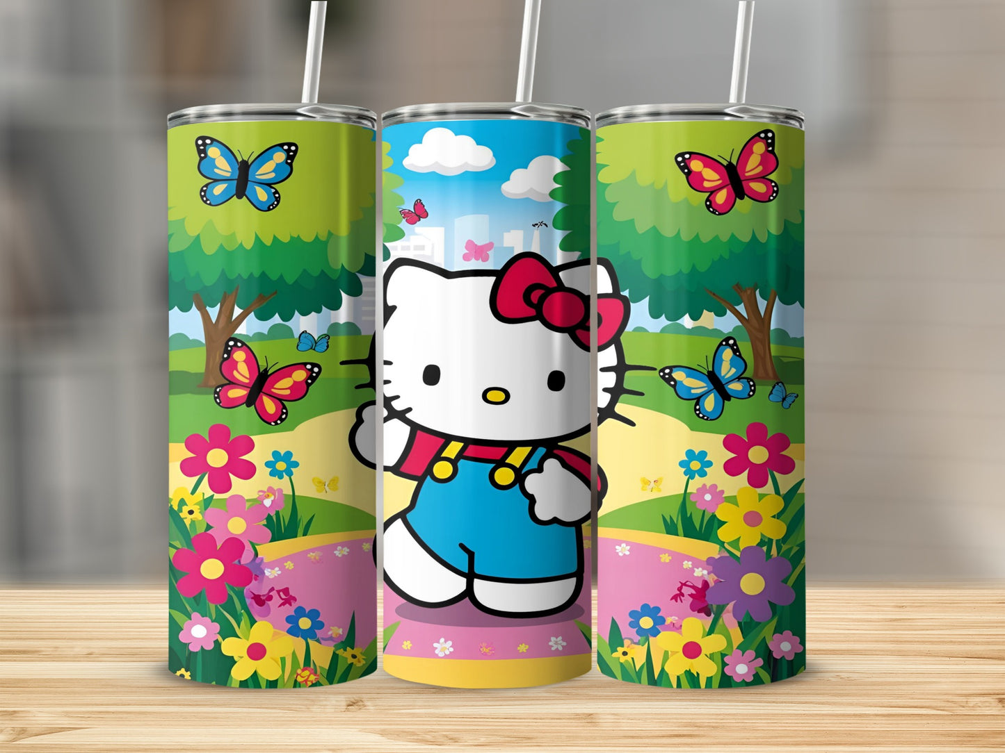 Hello Kitty in blue overalls surrounded by butterflies and flowers in a park.
