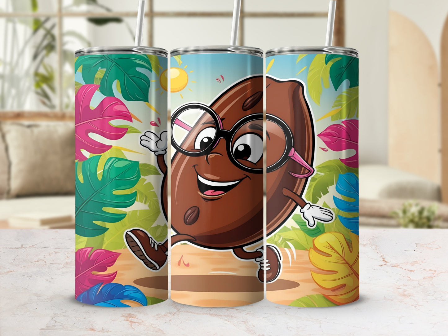 Cartoon cocoa bean character with glasses, walking on a tropical beach.
