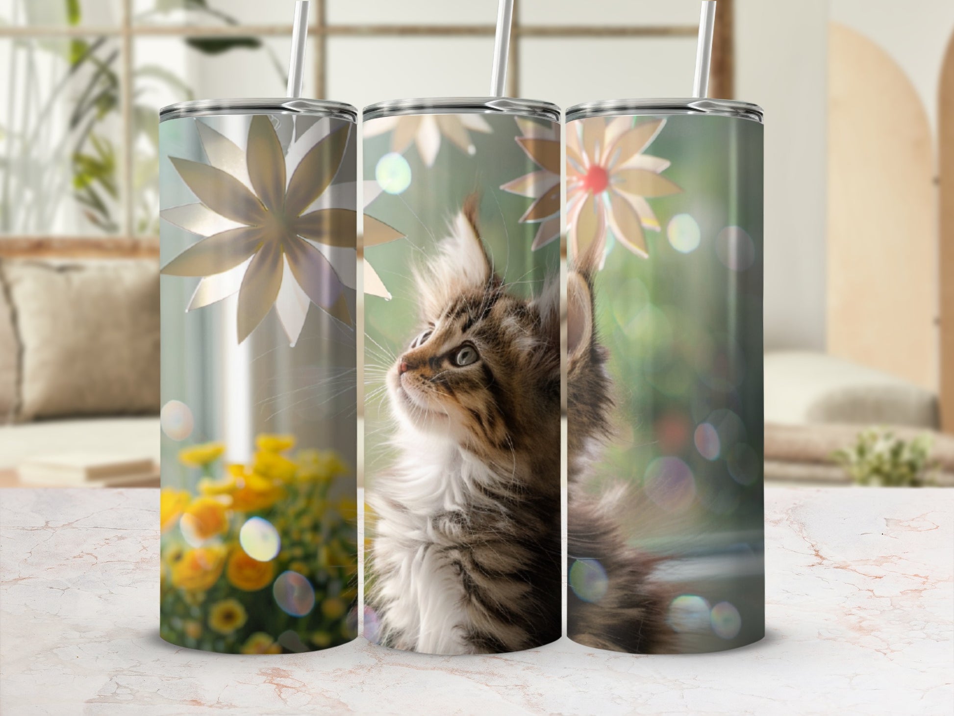 Three tumblers featuring a tabby kitten looking up with flowers in the background.