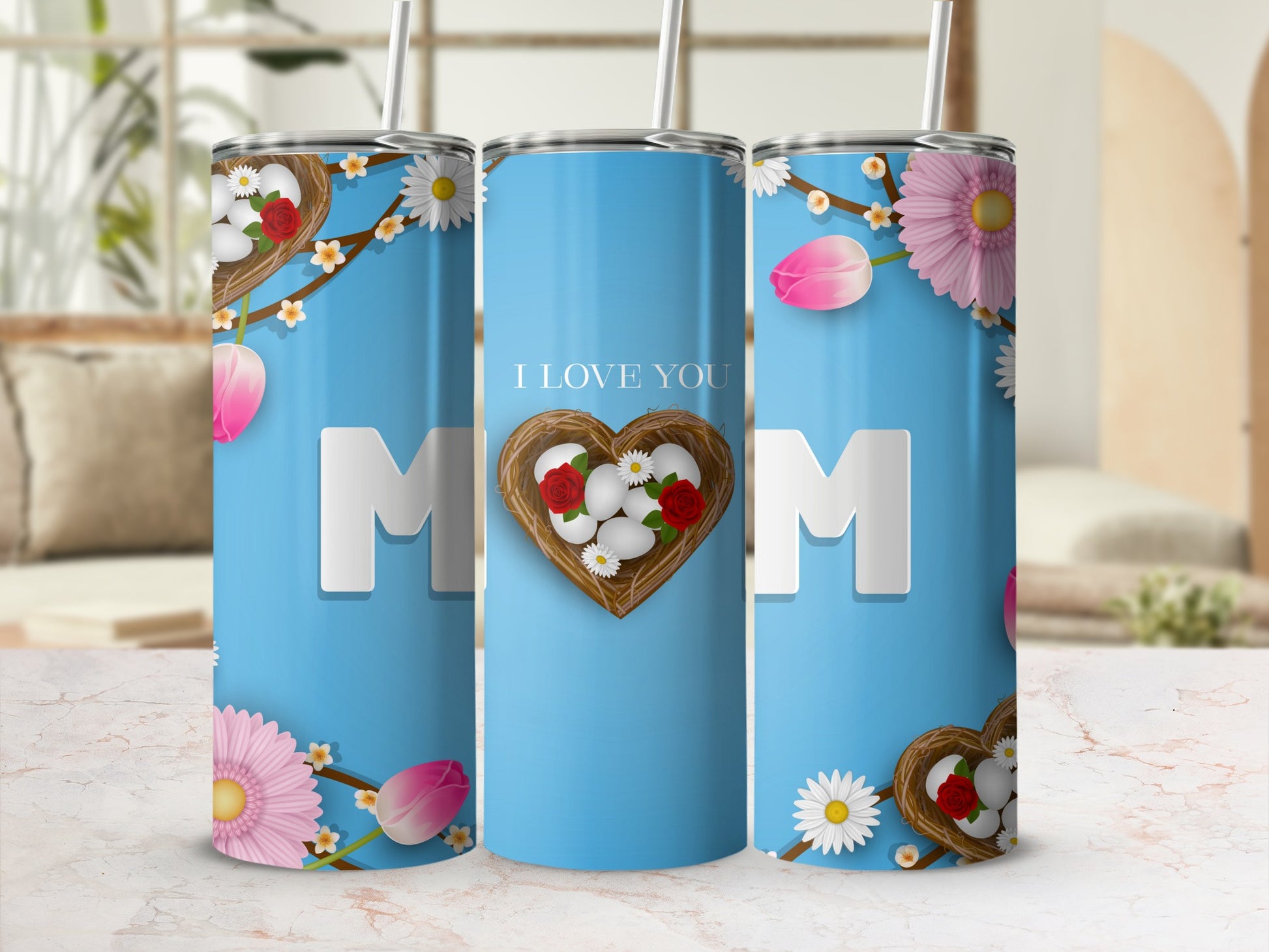 I Love You Mom Flowers and Heart Blue Tumbler