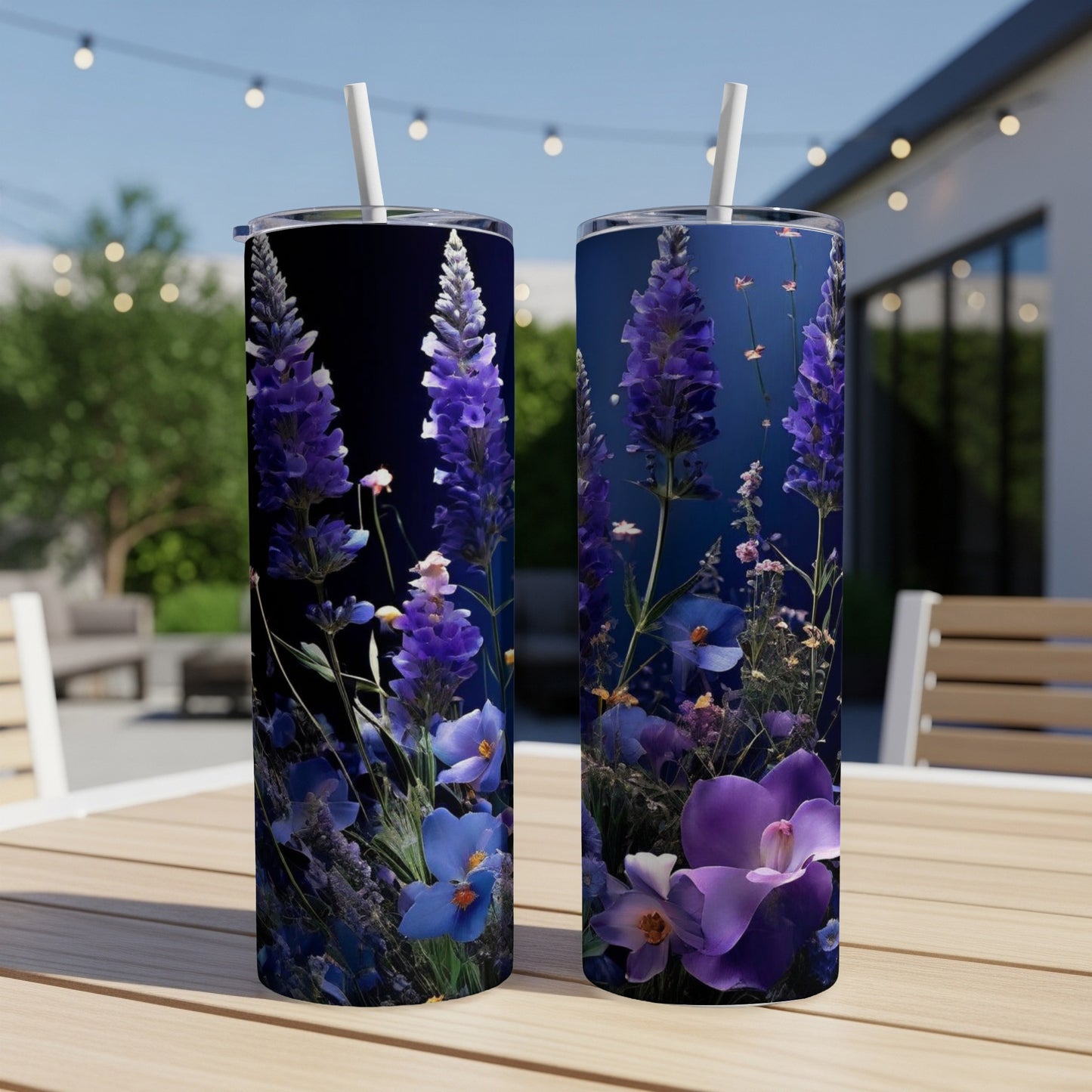 Two tumblers with a deep blue floral pattern featuring purple lavender and blue wildflowers.