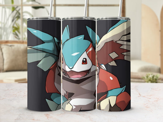 Three stainless steel tumblers featuring a cartoon dragon character with red, blue, and yellow accents.