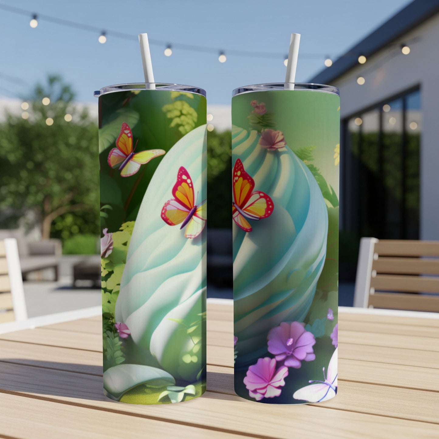 Two pastel blue tumblers with butterflies and flowers, on a table outdoors.
