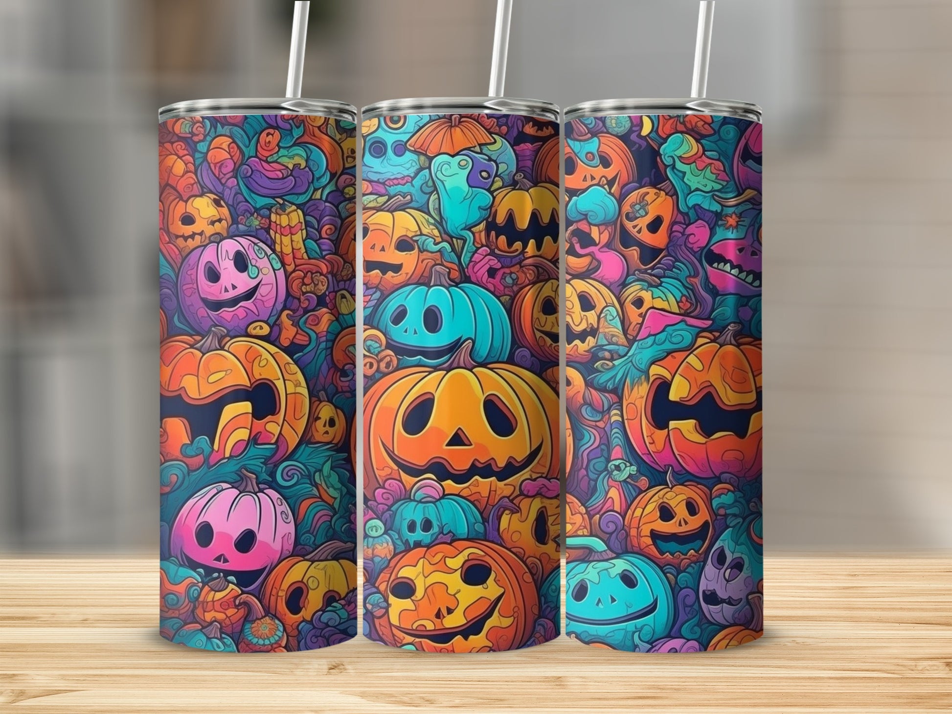Three tumblers with a colorful, abstract Halloween pumpkin design.