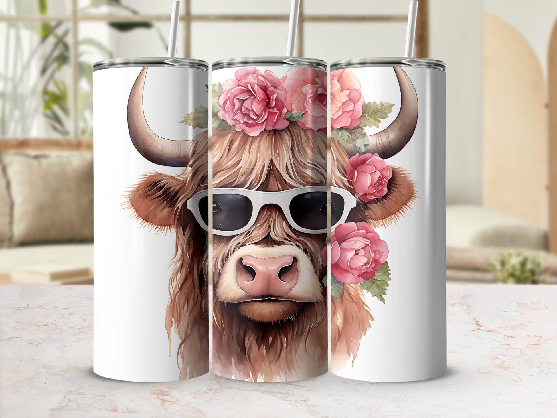 Highland cow with sunglasses and flowers, printed on three tumblers.