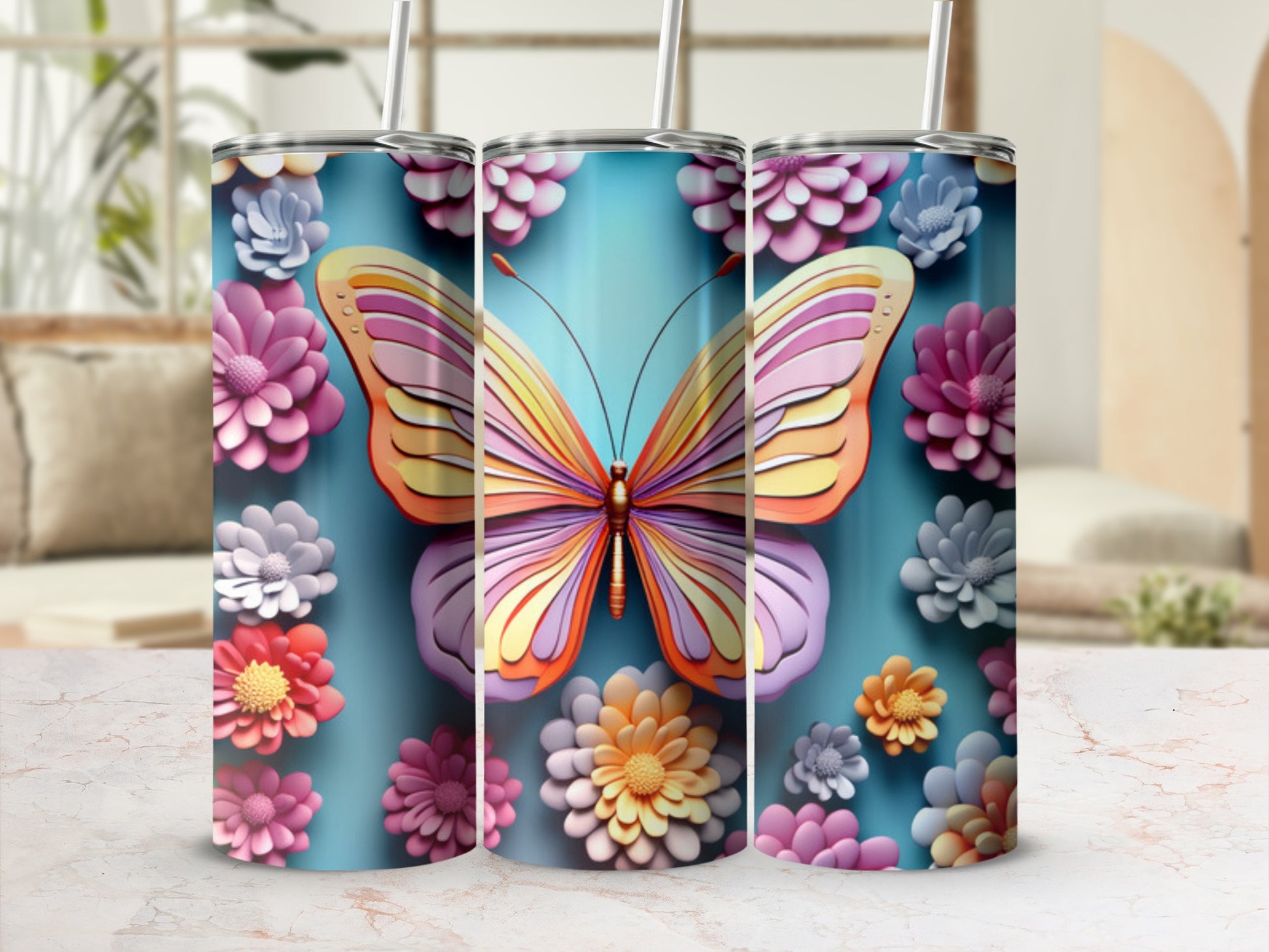 3D butterfly with colorful wings surrounded by pink and purple flowers.