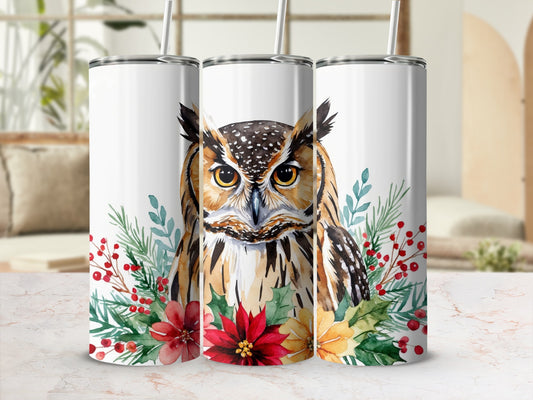 Three tumblers with a watercolor owl design and floral accents.