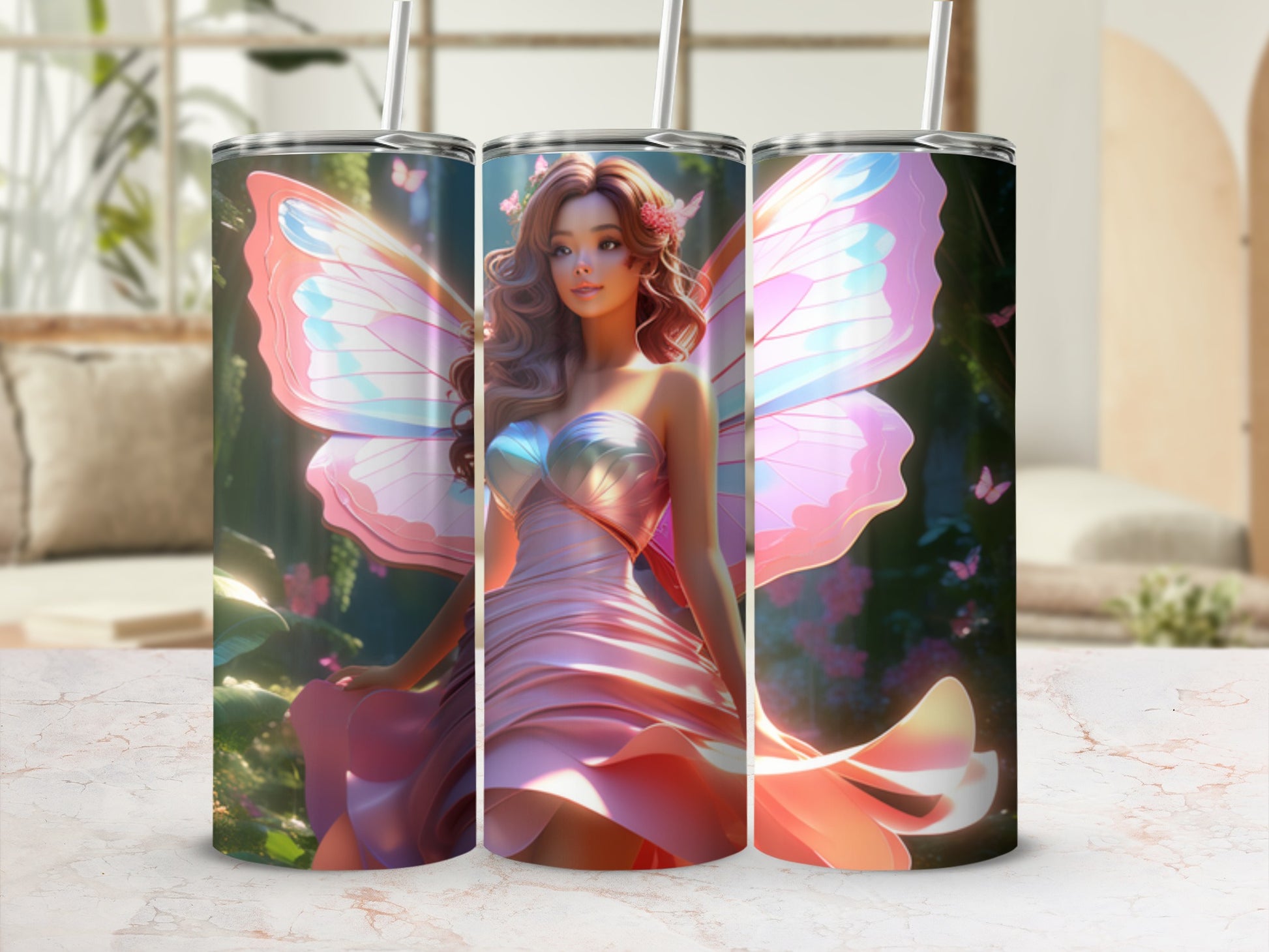 Fairy in a pink dress with iridescent wings, surrounded by nature.