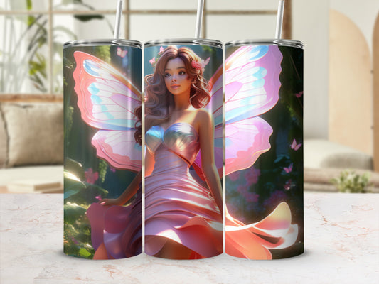 Fairy in a pink dress with iridescent wings, surrounded by nature.