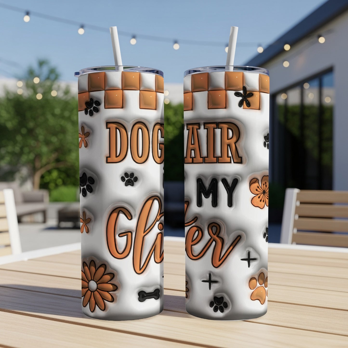 Two tumblers with "Dog Hair and Glitter" text and paw prints.