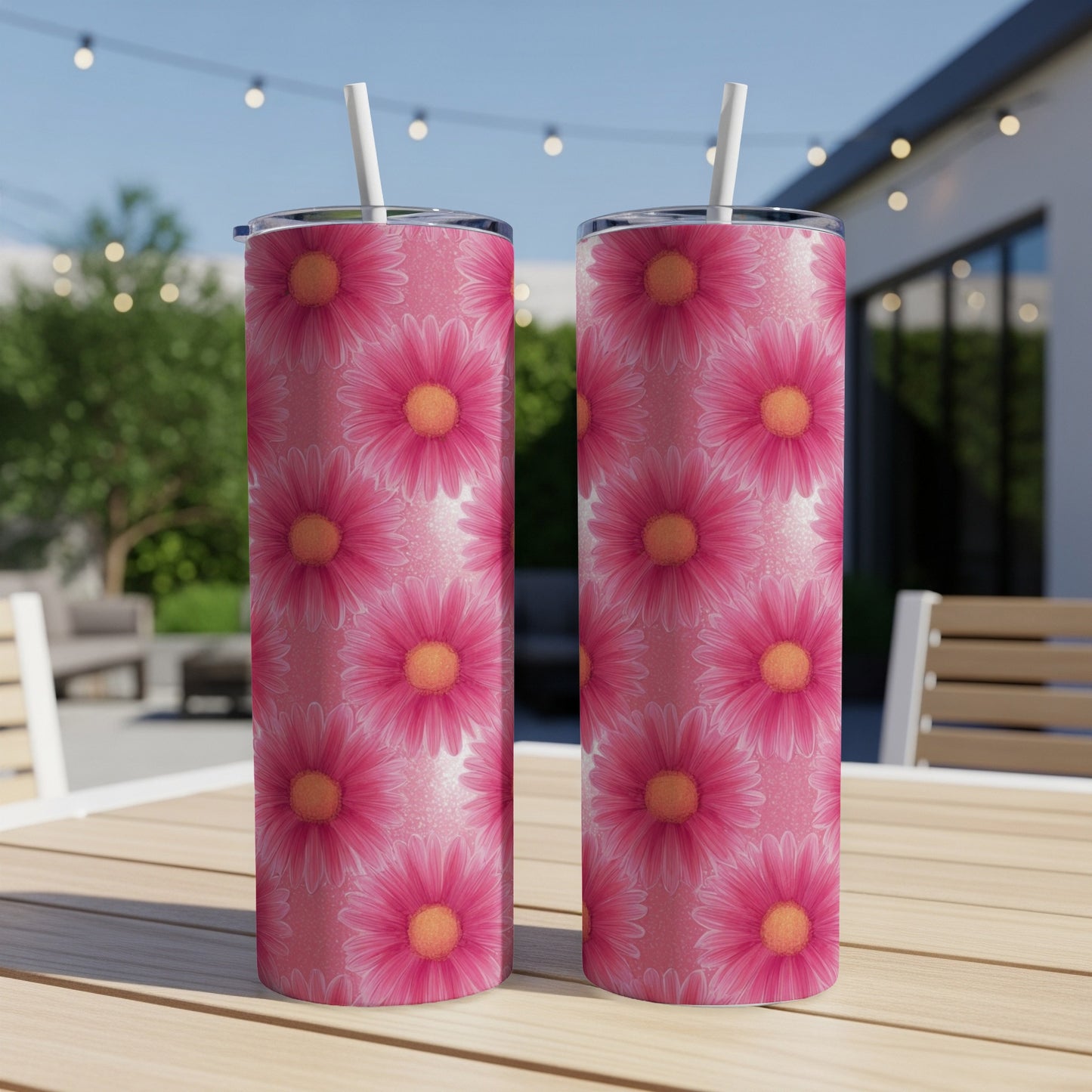 Two pink floral tumblers with straws on a wooden table.