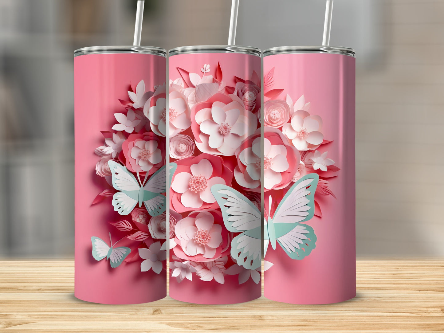 Pink Floral and Butterfly Design Tumbler Cup