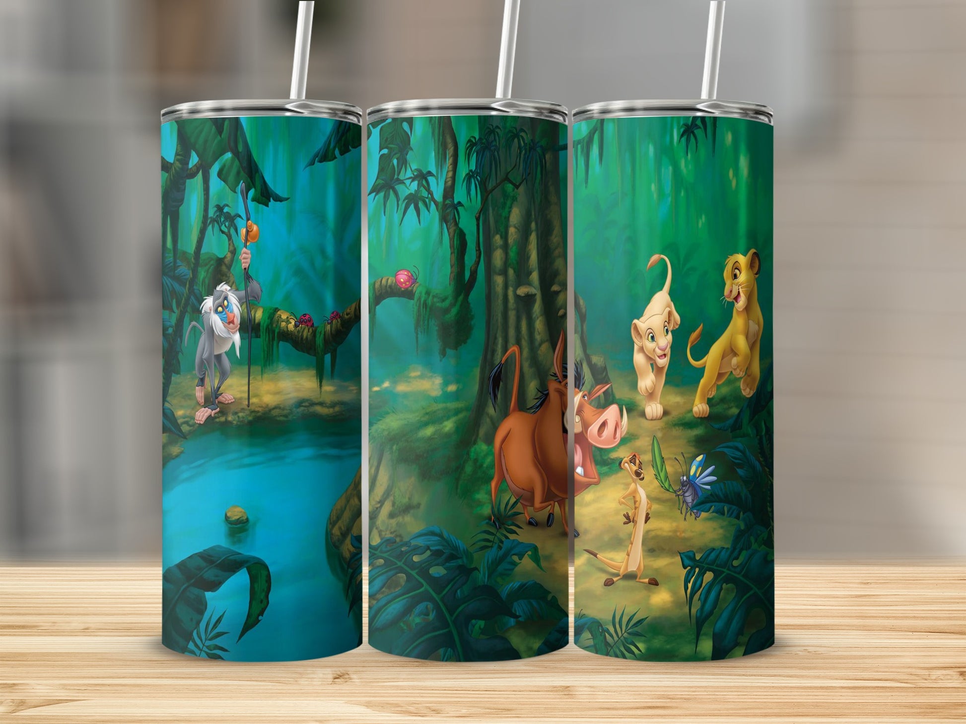 The Lion King characters Rafiki, Pumbaa, Timon, Simba, and Nala in a jungle scene.