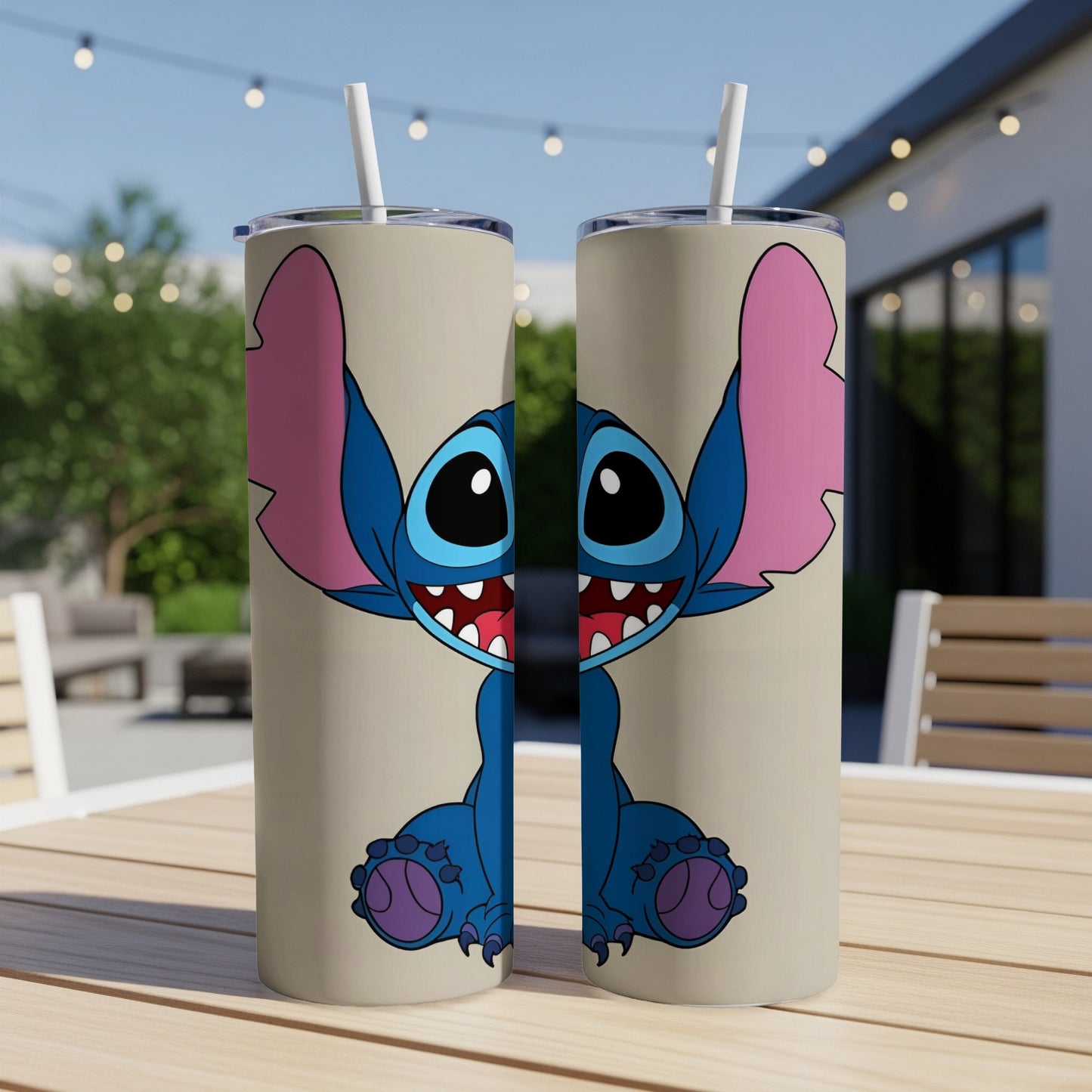 Two tan tumblers with Stitch from Lilo & Stitch design.