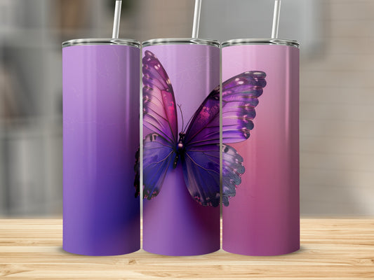 Three tumblers with a purple butterfly design against a gradient background.