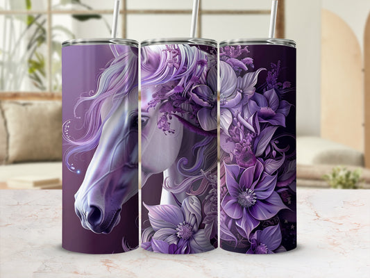 Purple horse head with flowers on a tumbler.