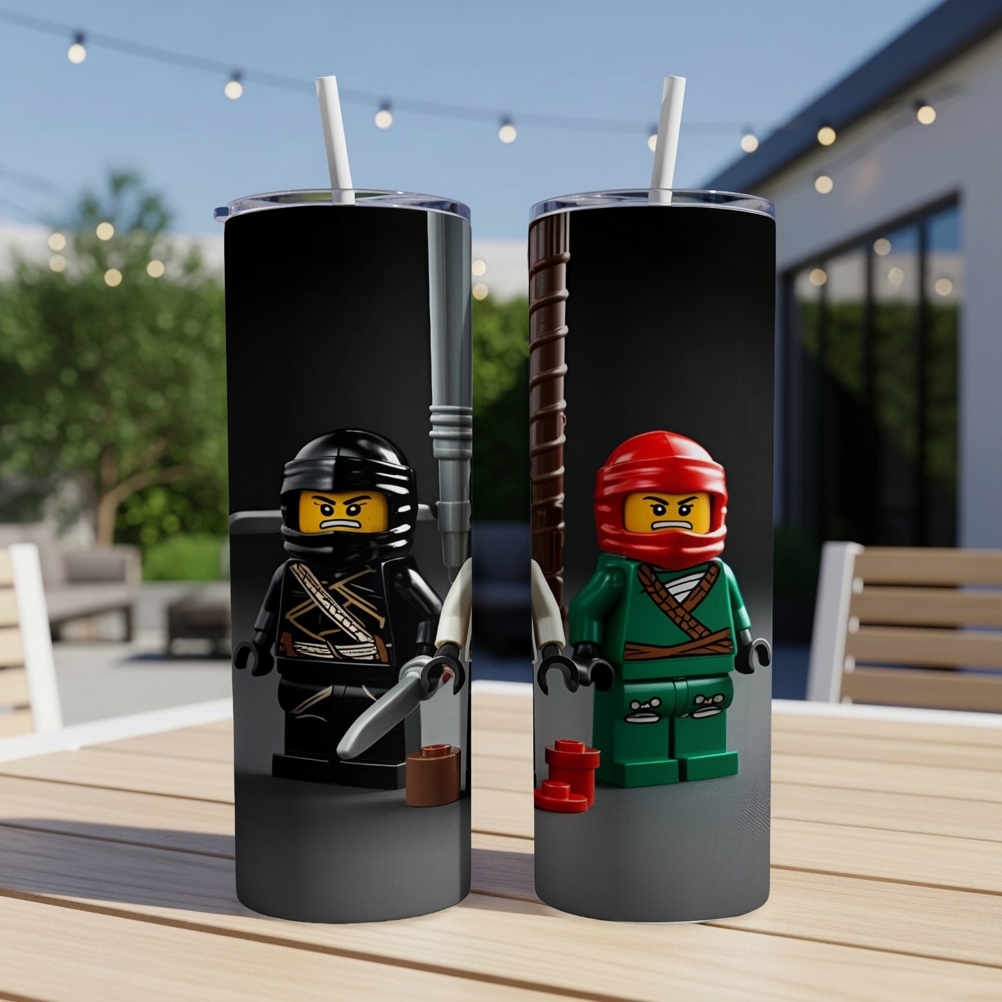 Two LEGO Ninjago characters, one in black with a sword, one in green with a staff.