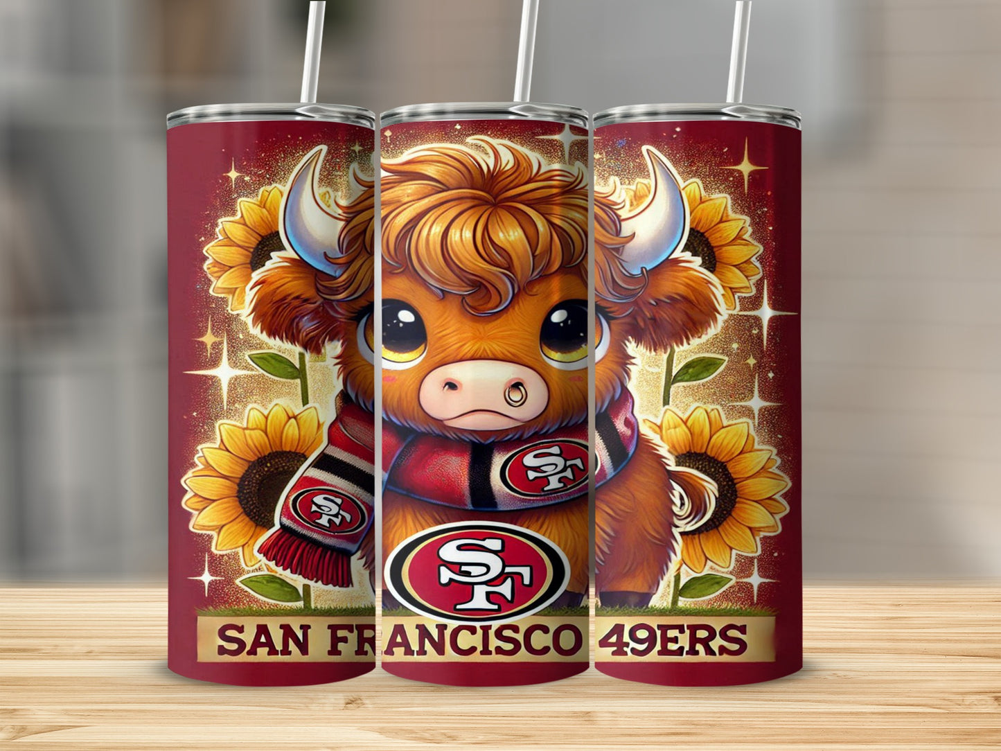 Cartoon bull with sunflowers and San Francisco 49ers logo.