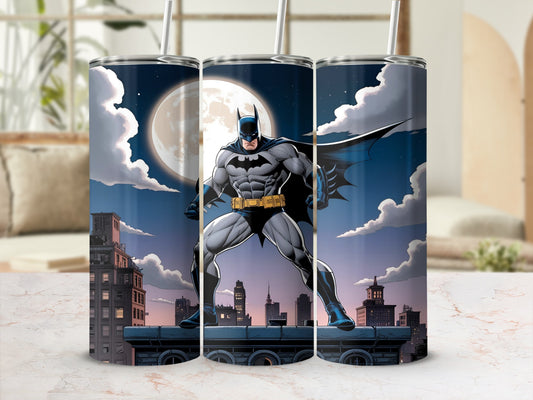 Batman standing heroically on a city rooftop under a full moon.