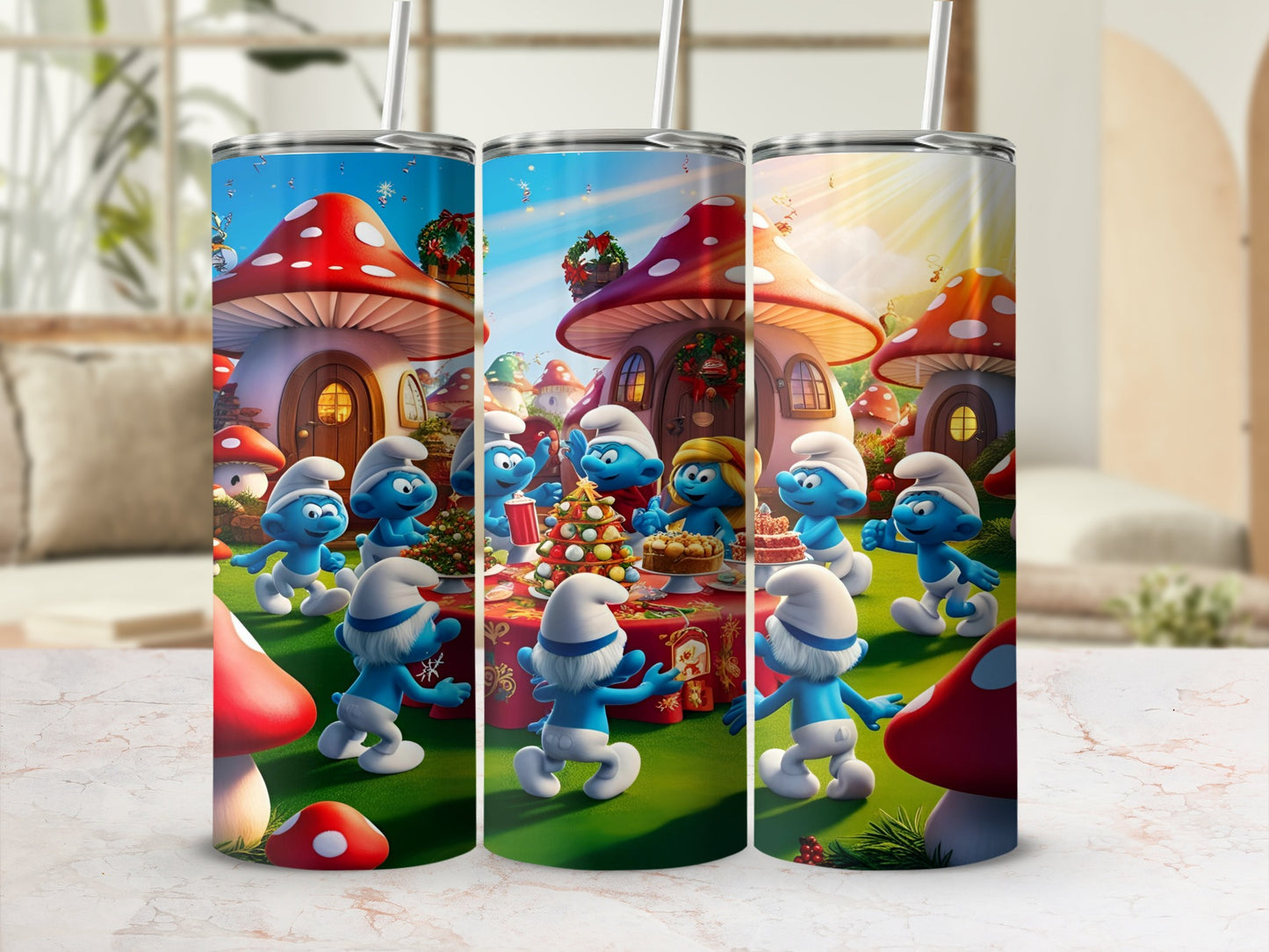 Smurfs gather around a mushroom-shaped table for a party, with whimsical mushroom houses in the background.