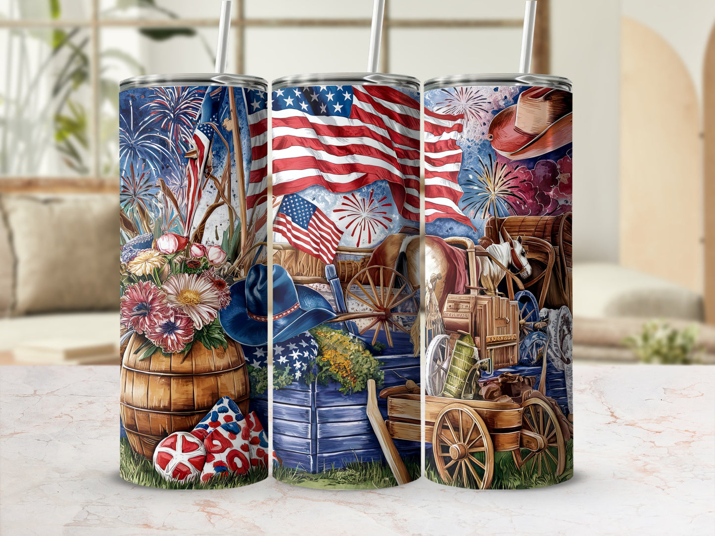 Three patriotic tumblers with fireworks, flags, flowers, and a wagon.
