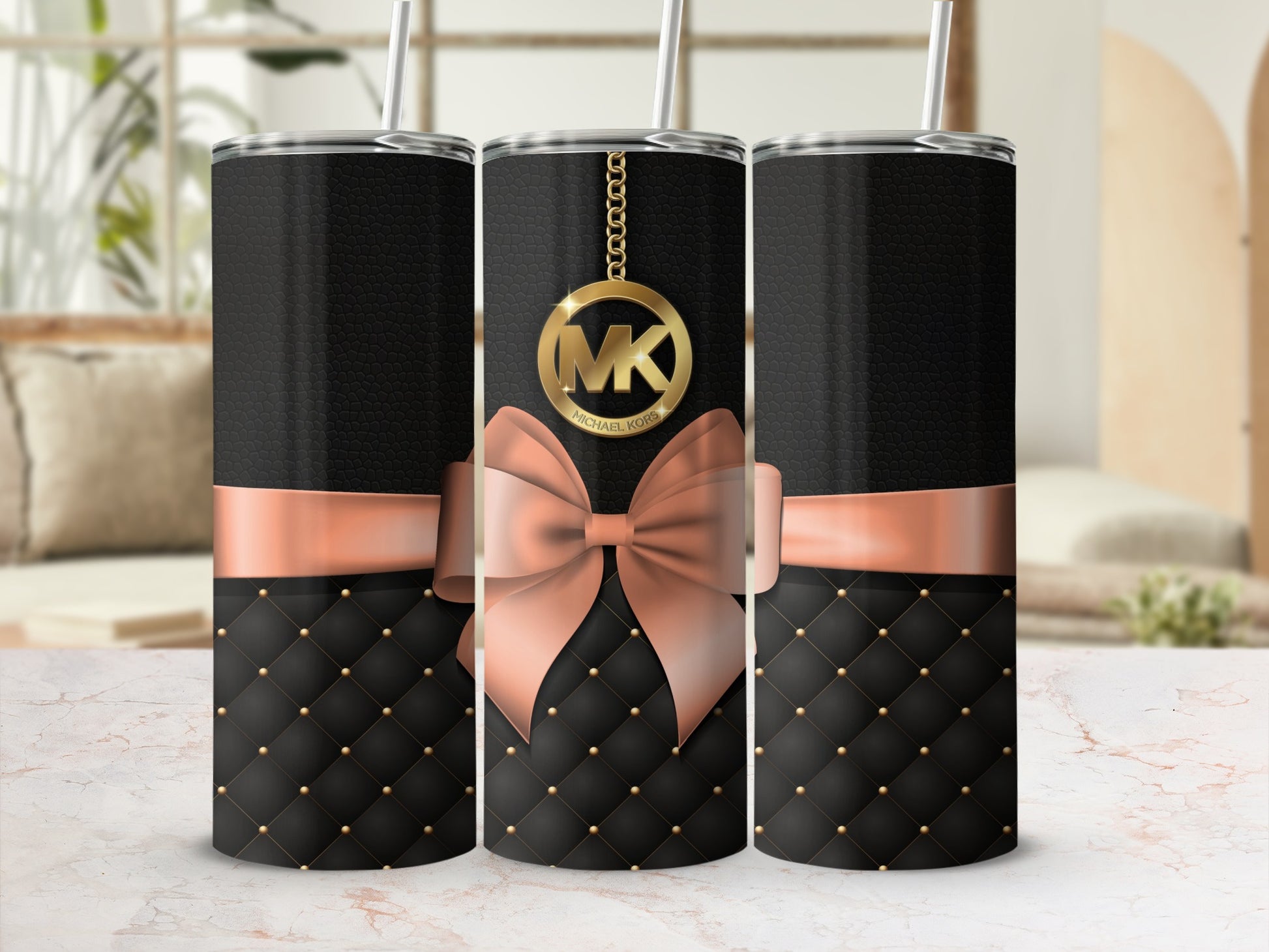 Stylish Black Quilted Tumbler with Pink Bow Design