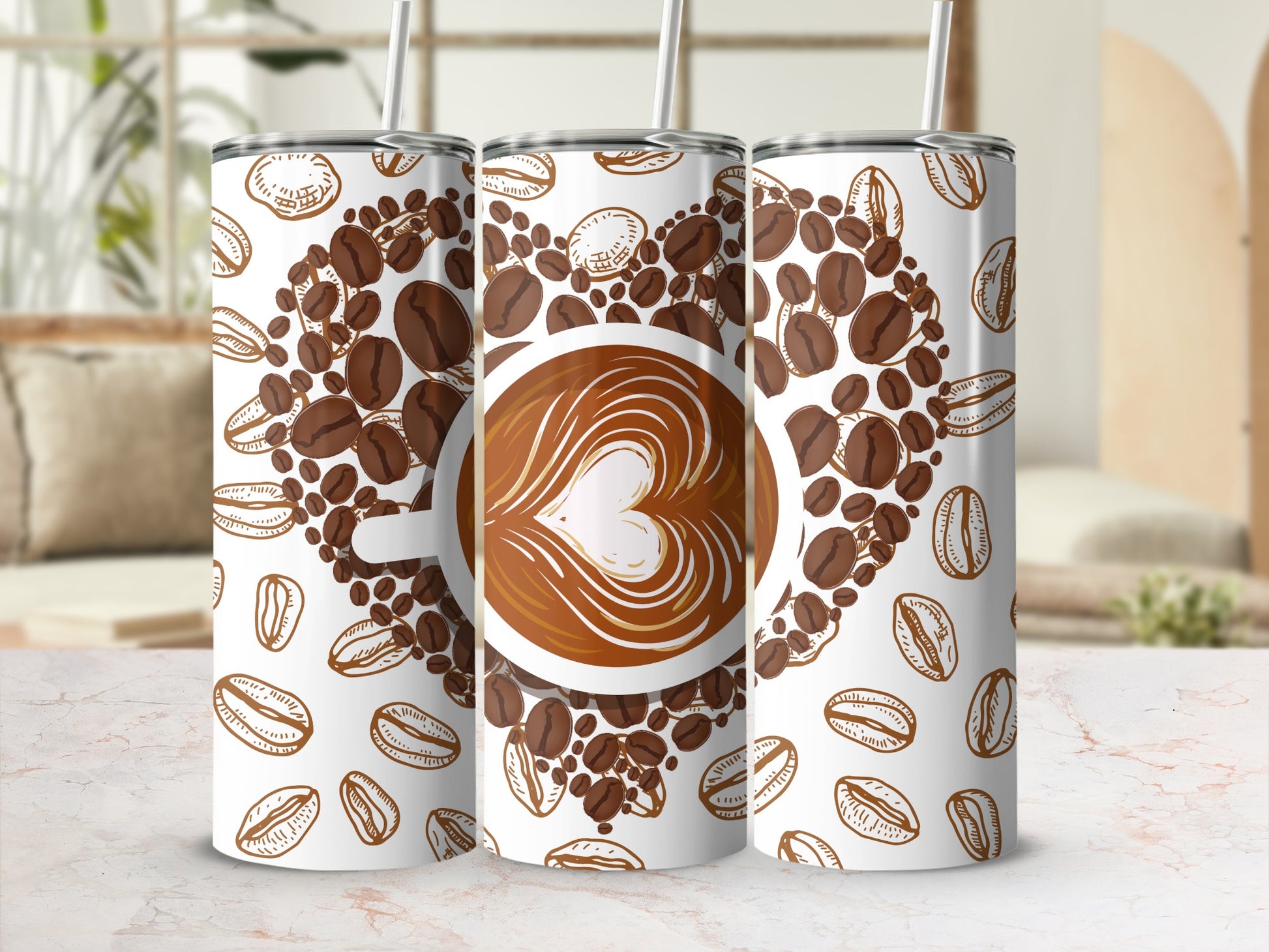 Coffee Bean and Latte Art Pattern Insulated Tumbler