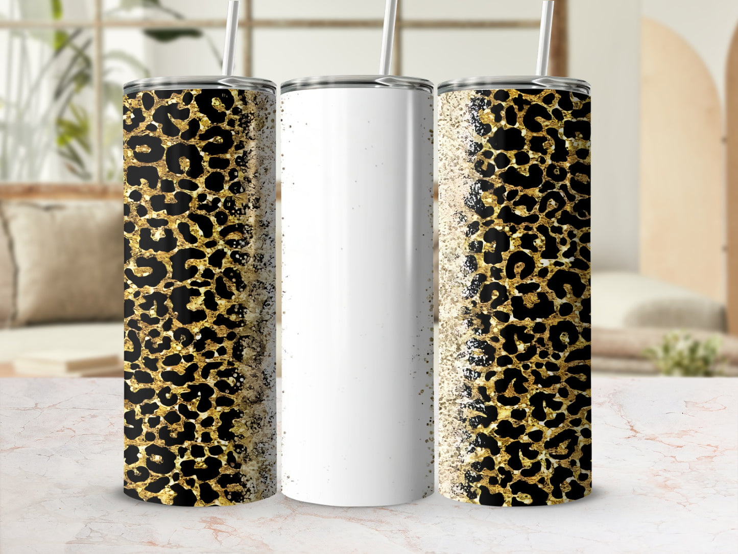 White tumbler with gold leopard print and glitter accents.