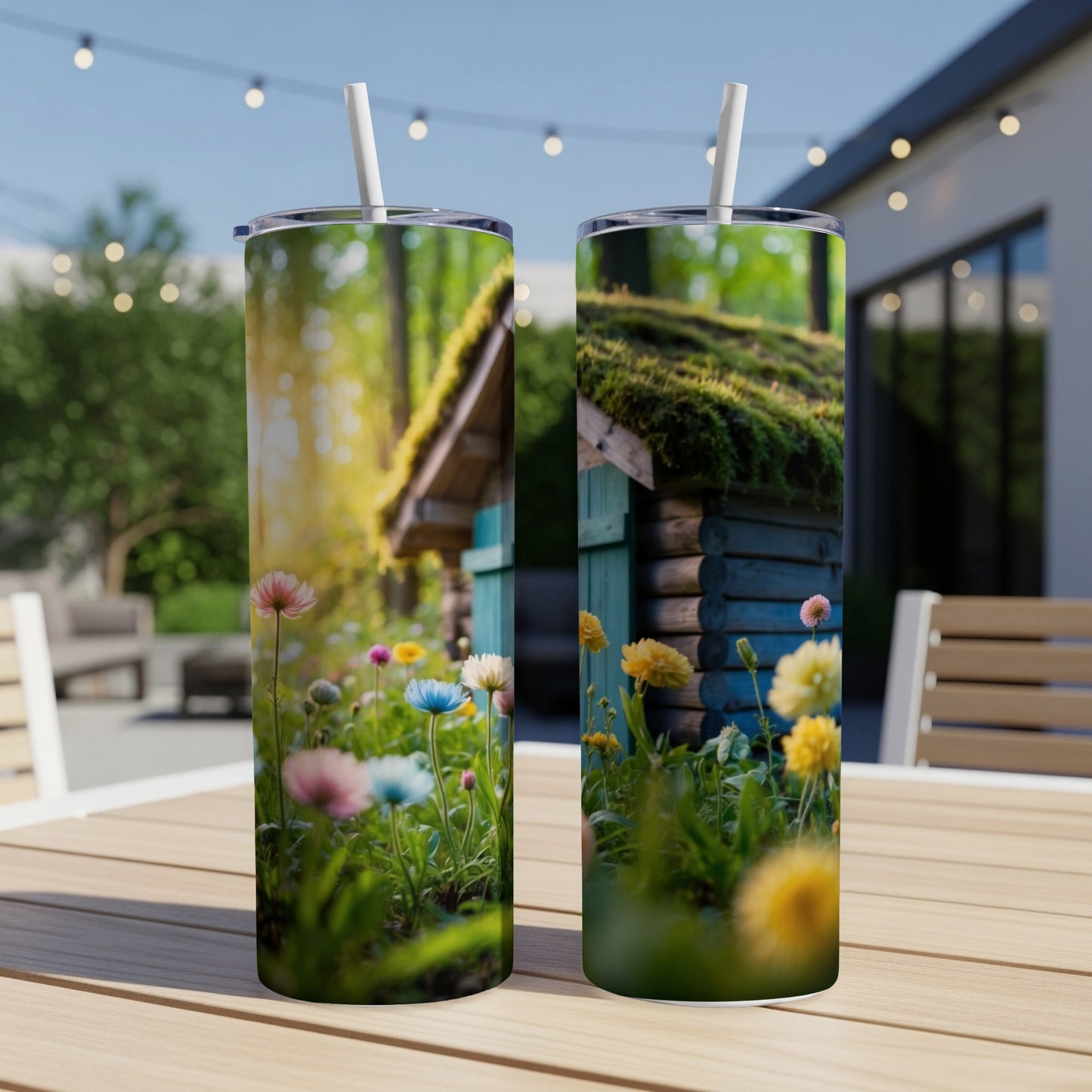 Two tumblers with a moss-roofed shed and wildflowers graphic.