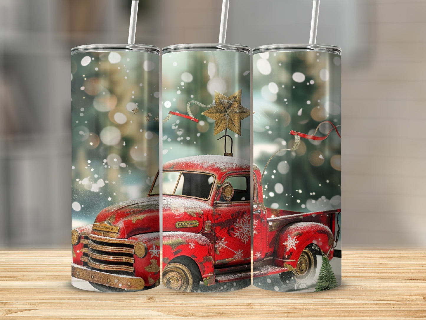 Red vintage truck with Christmas decorations, snowflakes, and bokeh background.
