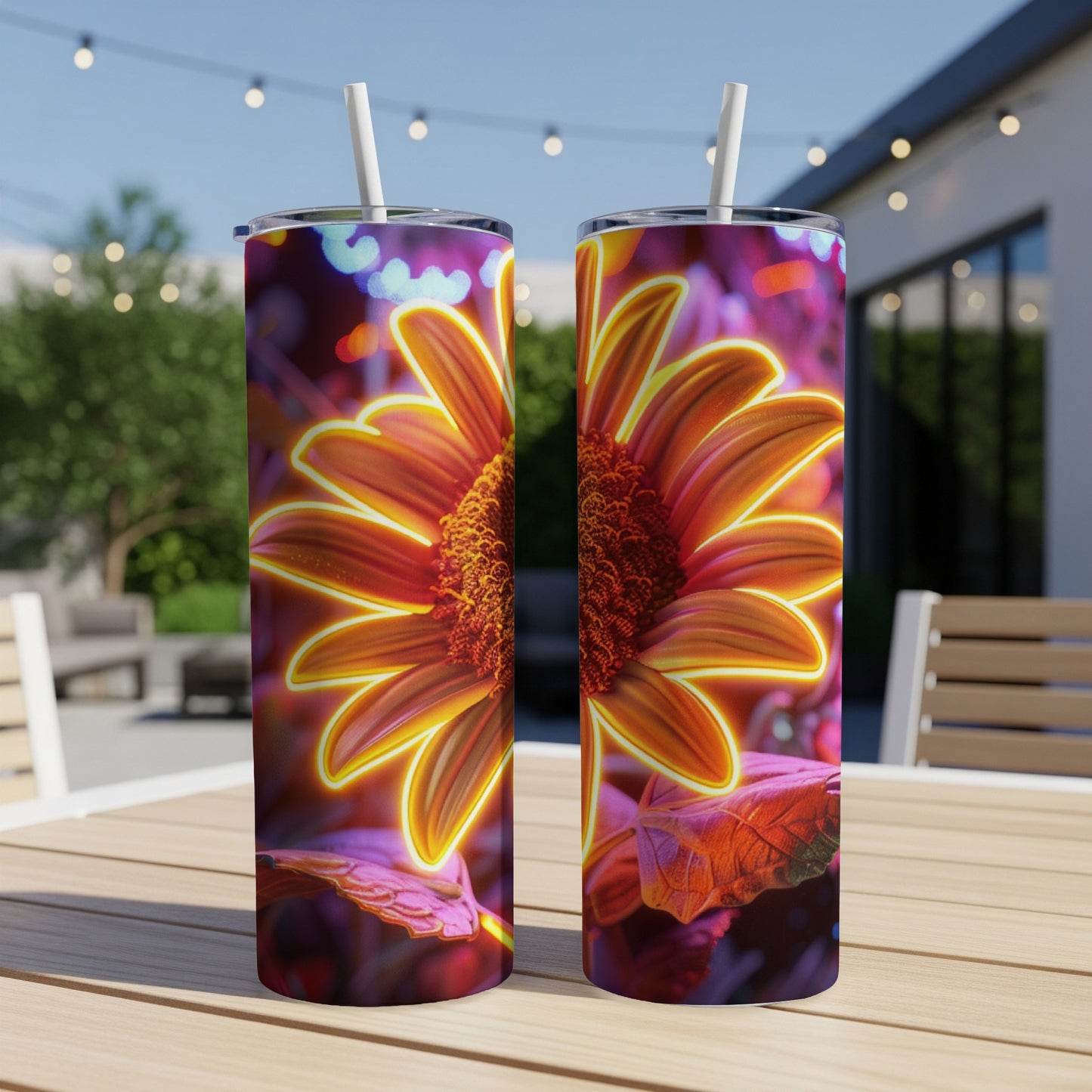 Two tumblers with a glowing orange flower design on a table.