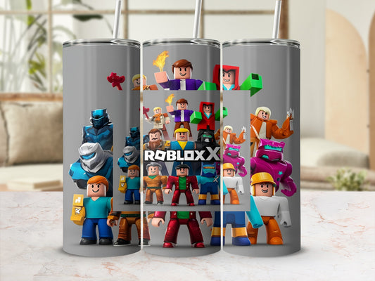 Roblox characters and logo on a stainless steel tumbler with straw.