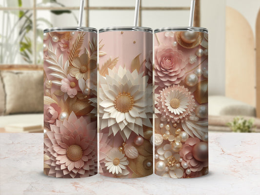 Three tall tumblers with delicate floral and pearl designs.