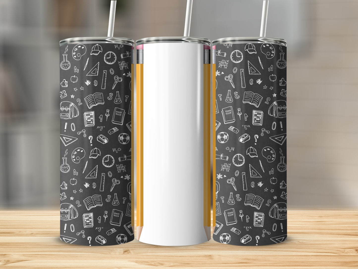 Two tumblers with a chalk-style pattern of school supplies and math equations.