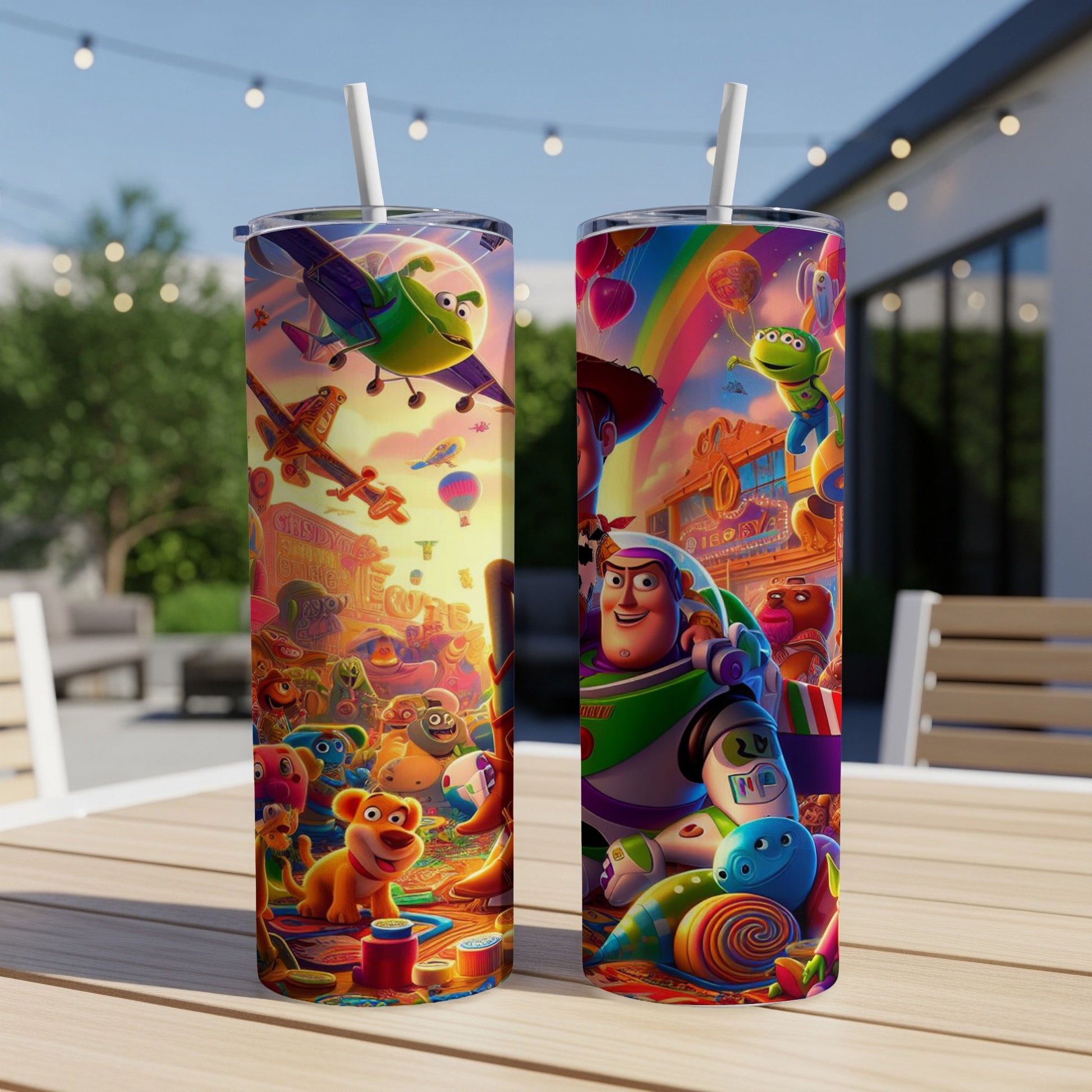 Toy Story characters on tumblers with a backyard setting.
