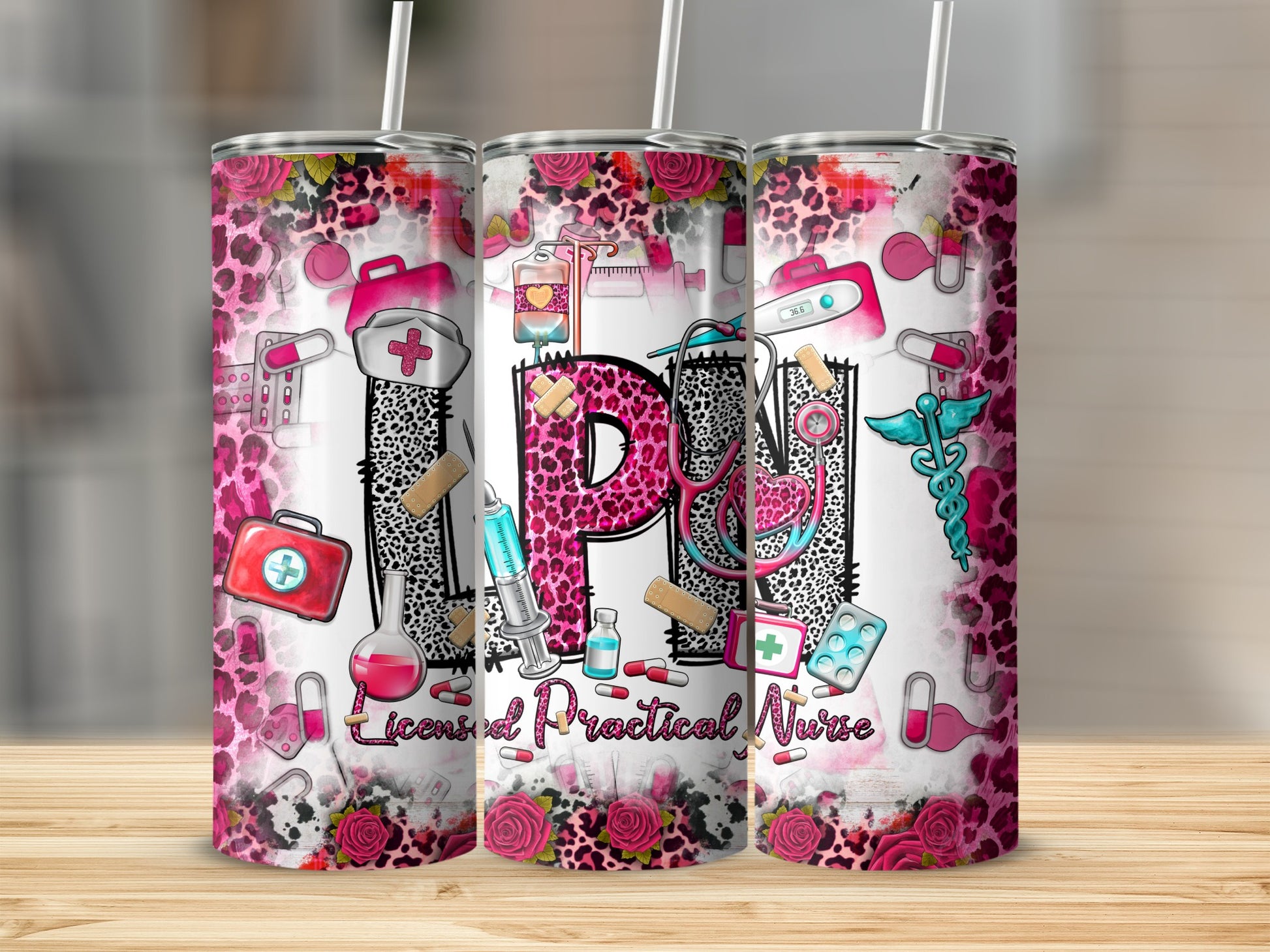 Pink leopard print tumbler with medical symbols and "Licensed Practical Nurse" text.