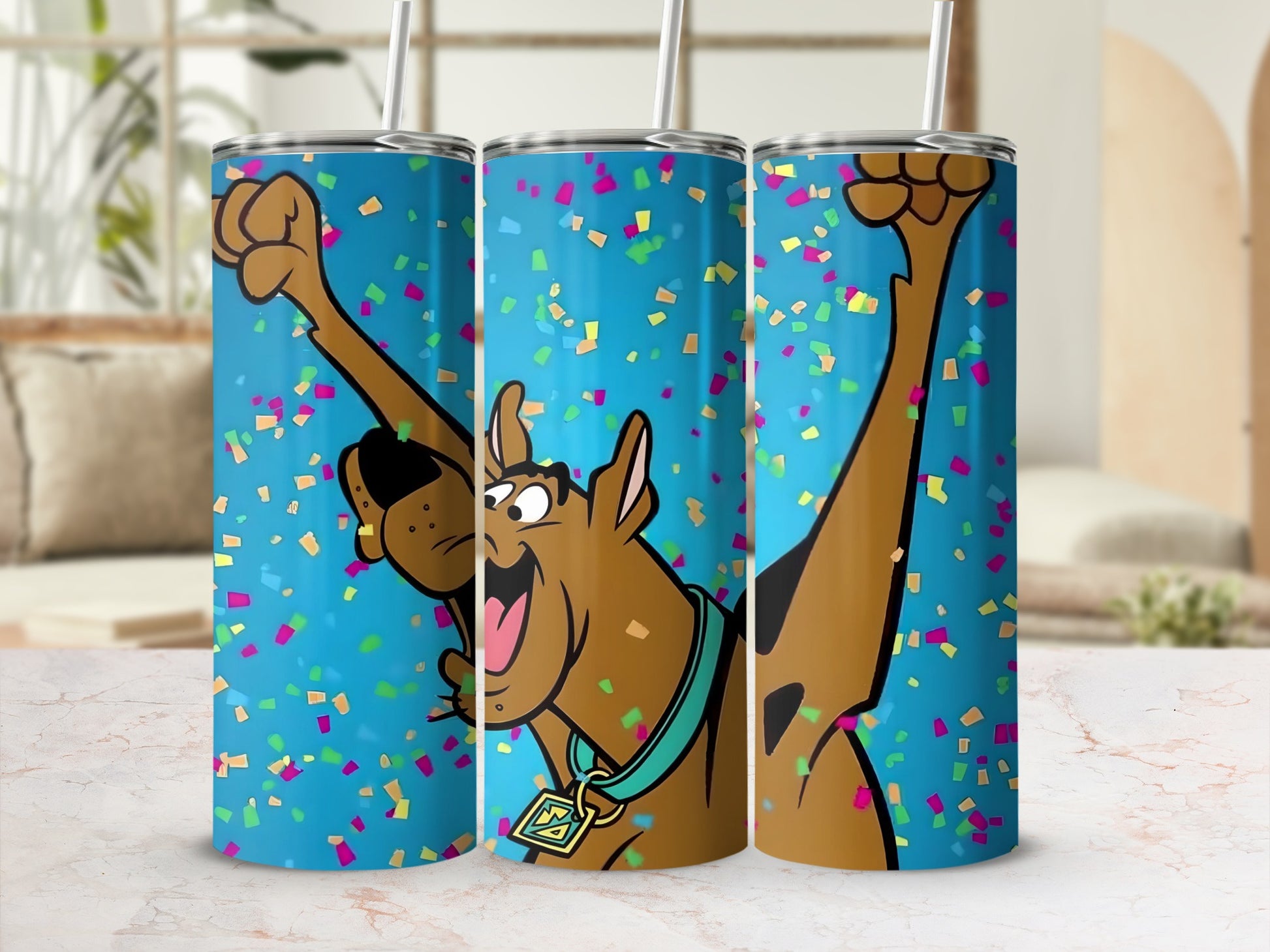 Scooby-Doo cartoon character celebrating with confetti on a blue background.