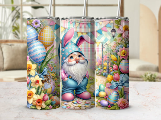 Easter gnome with bunny ears, colorful eggs, and spring flowers on patterned backgrounds.